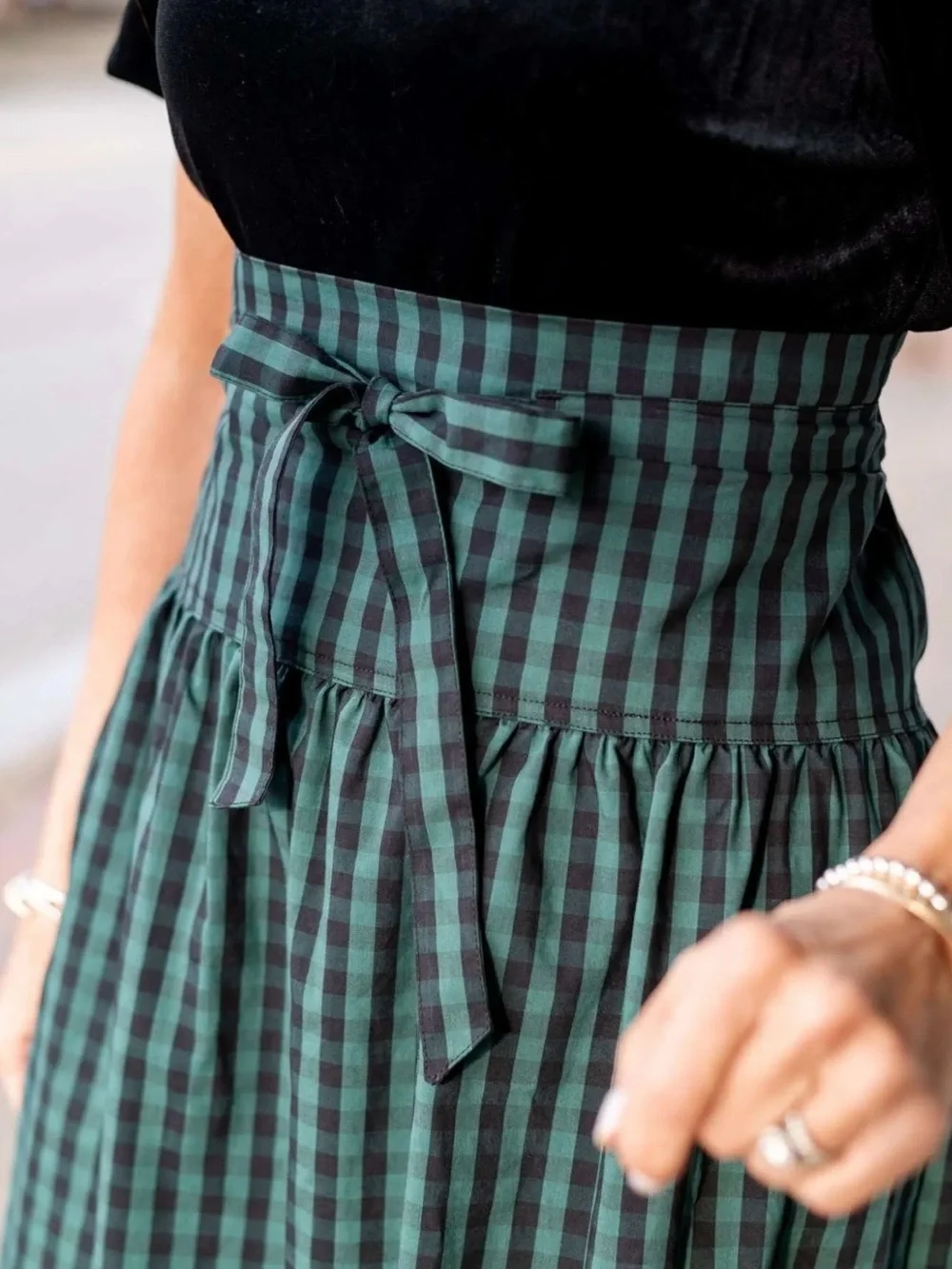 NWT DRAPER JAMES RSVP Paperbag Waist Midi gingham Skirt Bow Green